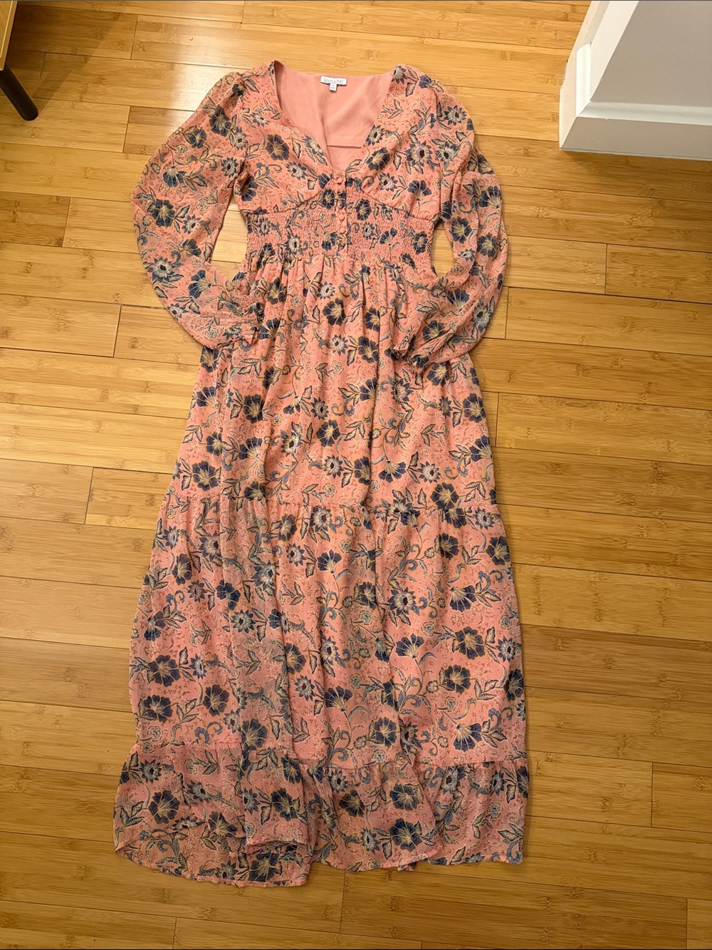 Floral Pink Long Sleeve Maxi Dress - Boho Floral Print